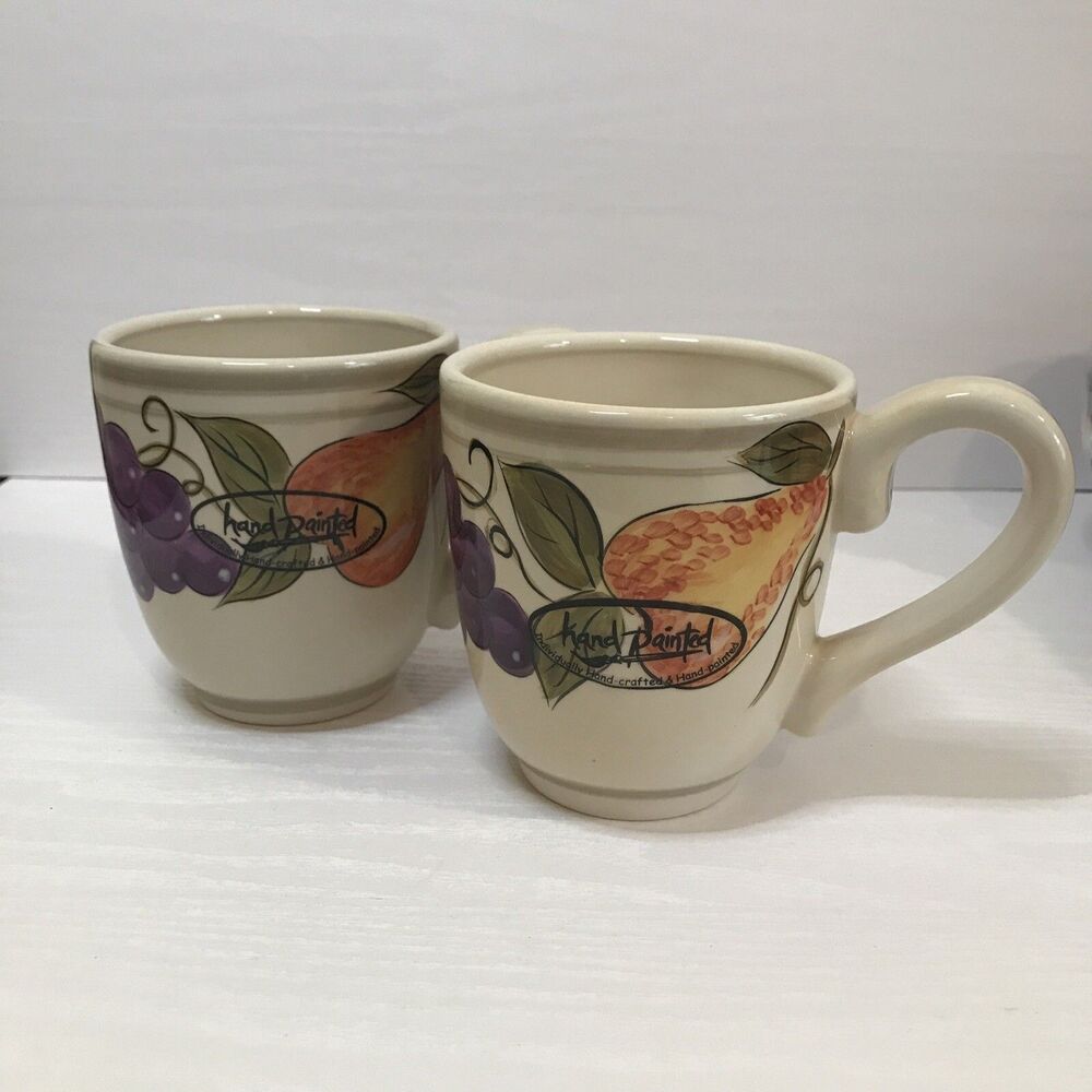 2 Tabletops Lifestyles Tres Joli Fruit Coffee Mugs 4.5" Tall Hand Painted